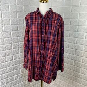 BETSEY JOHNSON Intimates Ruffle Front Plaid Sleep Shirt Button Up Sleeve LG